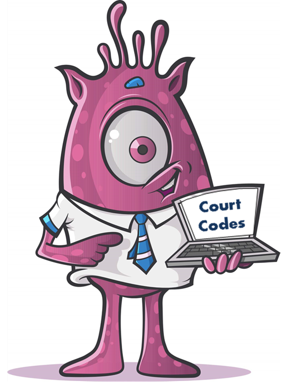 Clipart image of a cartoon monster holding an open laptop computer with the words "Court Codes" on the screen.