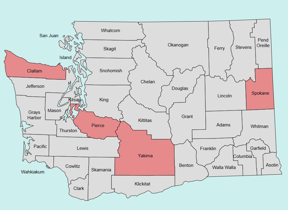 map of ICW dockets in Washington  State with Spokane, Clallam, Yakima, and Pierce Counties indicated in red.